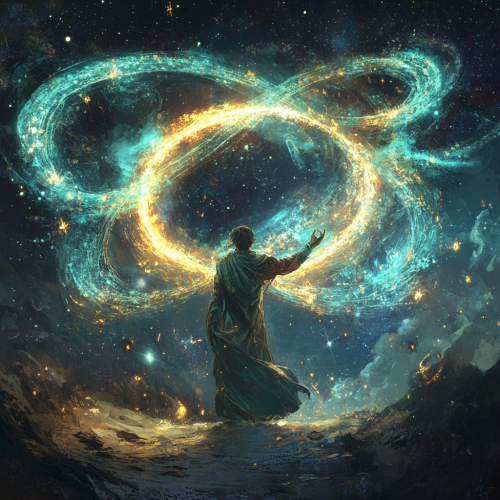 Celestial scene with powerful immortality spell and sorcerer. Celestial scene with powerful immortality spell and sorcerer.