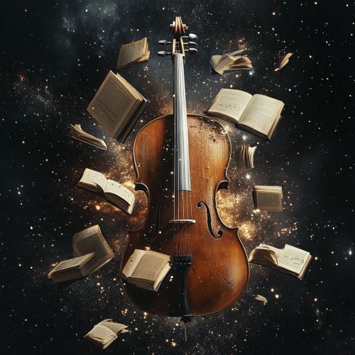 Cello and books floating in outer space with light. Cello and books floating in outer space with light.