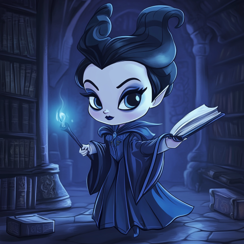 Chibi Maleficent in Ravenclaw robes, studying magical texts. Chibi Maleficent in Ravenclaw robes, studying magical texts.