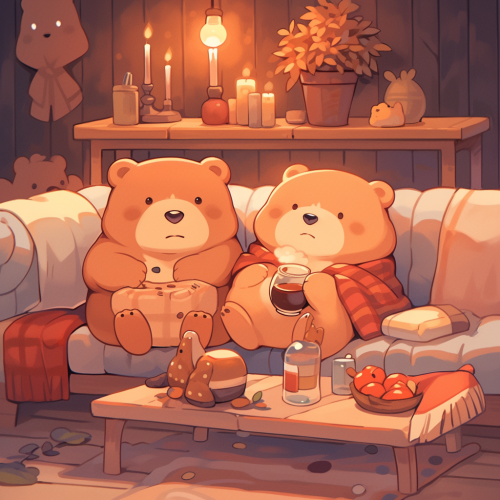 Chibi bear and cub watching movie in cozy cabin. Chibi bear and cub watching movie in cozy cabin.