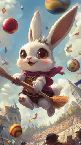Chibi rabbit plays Quidditch match at Hogwarts stadium. Chibi rabbit plays Quidditch match at Hogwarts stadium.