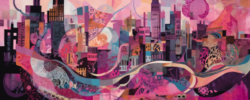 Collage of patterns and textures, urban life symbolism, vibrant colors Collage of patterns and textures, urban life symbolism, vibrant colors