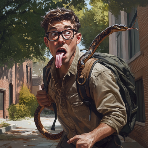 College student superhero with snake-like tongue, glasses, backpack.