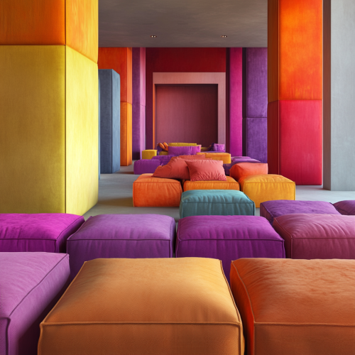 Colorful Lounge with Square Sofas in Playful Layout Colorful Lounge with Square Sofas in Playful Layout