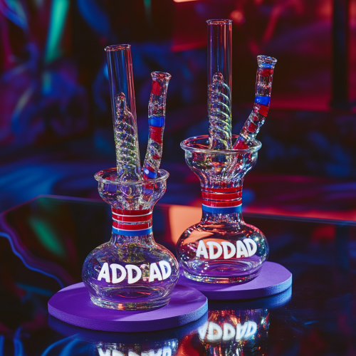 Colorful bongs on purple mat and glass table Colorful bongs on purple mat and glass table