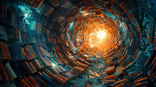 Colorful book vortex drawing with glowing center, inspiring knowledge. Colorful book vortex drawing with glowing center, inspiring knowledge.