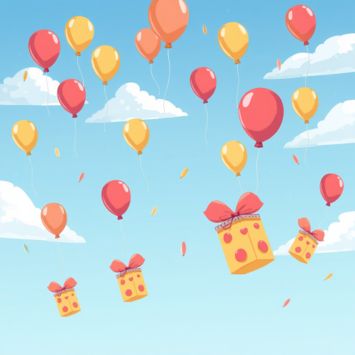 Colorful cartoon packages with balloons falling from sky. Colorful cartoon packages with balloons falling from sky.