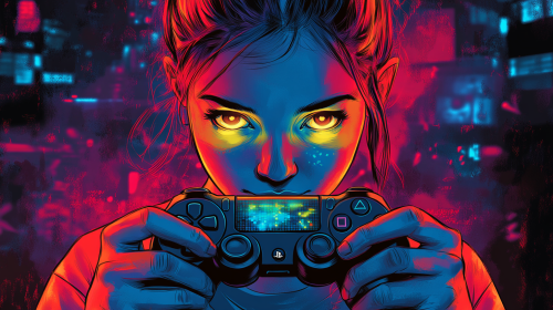 Colorful female gamer holding controller, glowing screen reflection, Nick Kuchar Colorful female gamer holding controller, glowing screen reflection, Nick Kuchar
