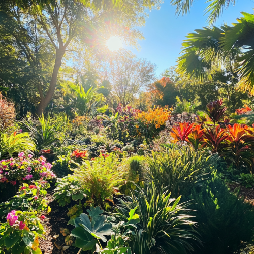 Colorful garden with thriving plants under warm sun. Colorful garden with thriving plants under warm sun.