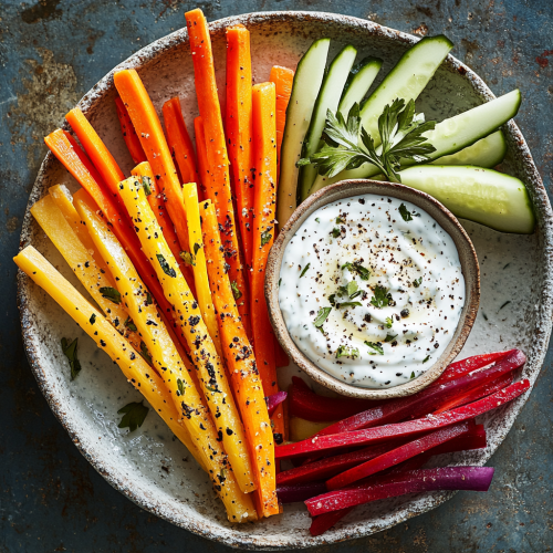 Colorful veggie sticks and creamy yogurt dip display Colorful veggie sticks and creamy yogurt dip display