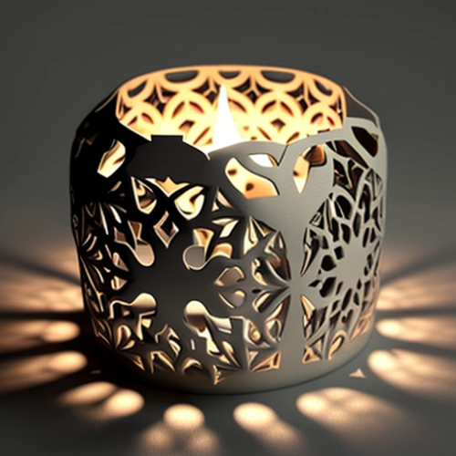 Concrete and silver candle stand with moqarnasat patterns reflecting light.