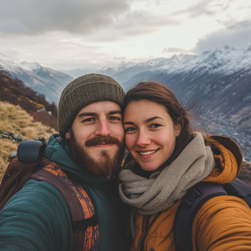 Couple taking mountain selfie with emotive faces, specialist. Couple taking mountain selfie with emotive faces, specialist.