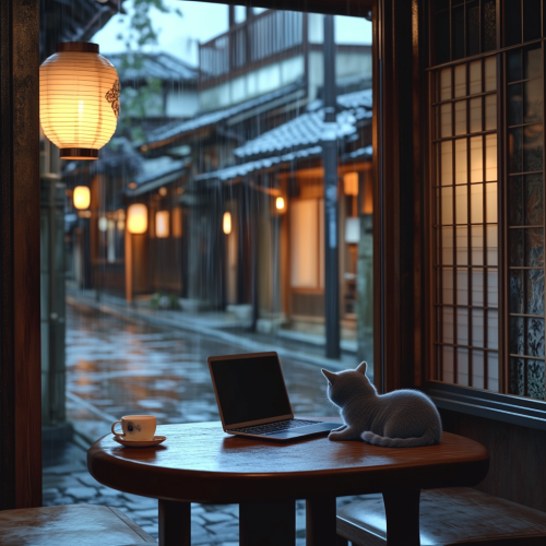 Cozy Ghibli-inspired café in Kyoto with Munchkin cat. Cozy Ghibli-inspired café in Kyoto with Munchkin cat.