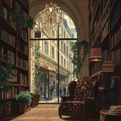 Cozy Parisian interior overlooking bustling vintage shopping arcade. Cozy Parisian interior overlooking bustling vintage shopping arcade.