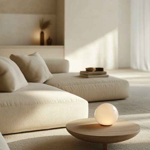 Cozy living room with warm-lit white wall. Cozy living room with warm-lit white wall.