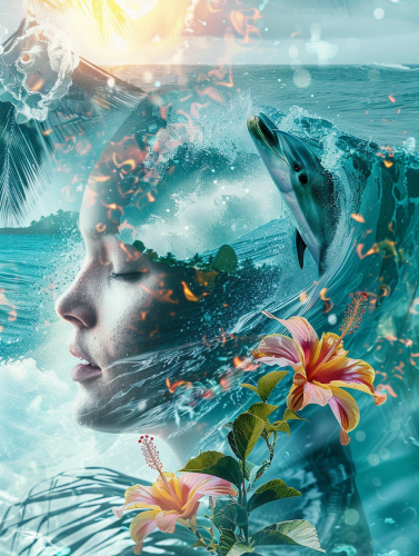 Cyberpunk dolphin in cosmic waves with beauty queen. Cyberpunk dolphin in cosmic waves with beauty queen.