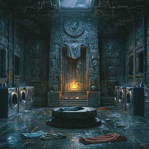 Deity altar with socks, ancient washing machines, mystical ambiance.