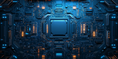 Detailed blue motherboard with complex circuitry and components. Detailed blue motherboard with complex circuitry and components.