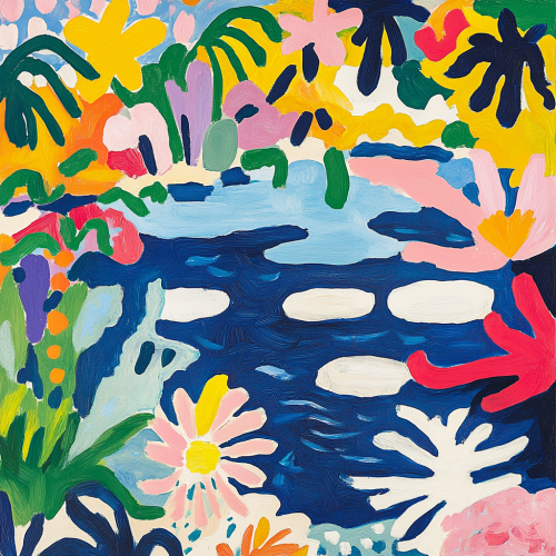 Dynamic lake with colorful flowers inspired by Matisse style. Dynamic lake with colorful flowers inspired by Matisse style.