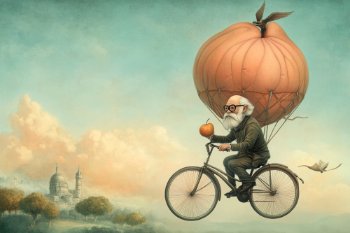 Elderly man with glasses and beard in flying peach.