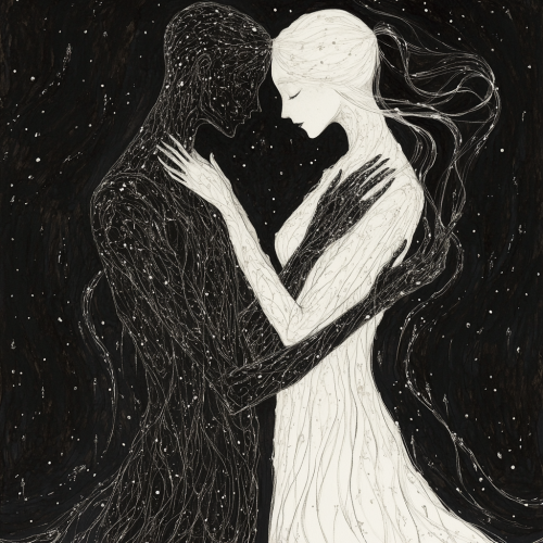 Elegant figures in calm tension with surreal elements. Elegant figures in calm tension with surreal elements.