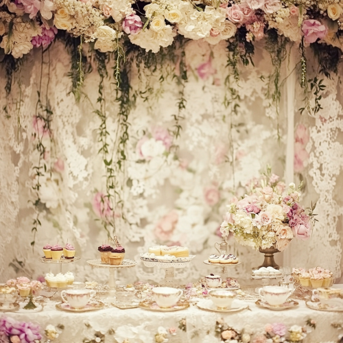 Elegant tea party with floral, lace, hats, and desserts. Elegant tea party with floral, lace, hats, and desserts.