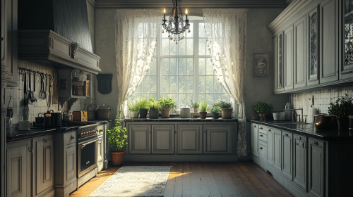Elegantly eerie kitchen: gray cabinets, lace curtains, antique chandelier. Elegantly eerie kitchen: gray cabinets, lace curtains, antique chandelier.