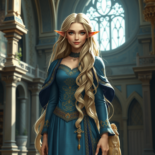 Elf Woman in Blue Dress in Medieval Palace Elf Woman in Blue Dress in Medieval Palace