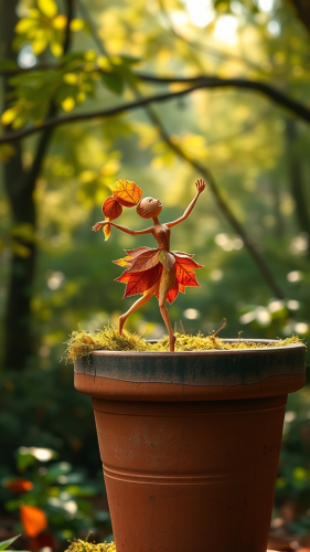 Enchanted leaf figure dances on mossy pot edge. Enchanted leaf figure dances on mossy pot edge.