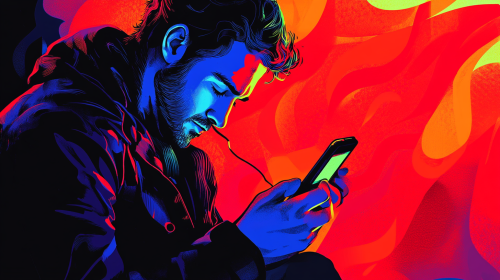 Enraptured man in trance with glowing mobile game screen. Enraptured man in trance with glowing mobile game screen.