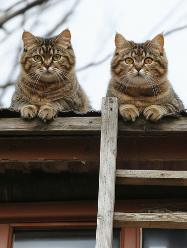Exaggerated Comic Cats on House Roof - AR 3:4