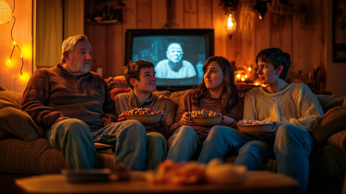 Family Watching Halloween Movie with Candy Bowls Family Watching Halloween Movie with Candy Bowls