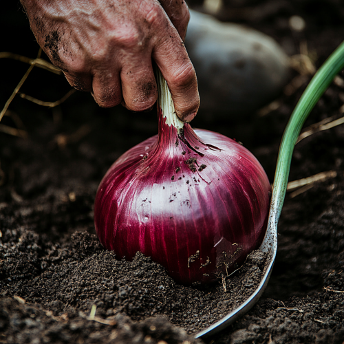Farmer removes soil around big red onion with spoon. Farmer removes soil around big red onion with spoon.
