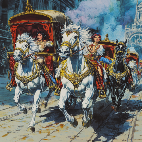 Fearful Girls Waving from Colliding Carriages, Galloping Horses, Servants, Feathers, Comics