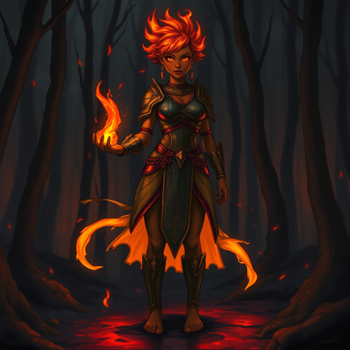 Female Fire Genasi in Medium Armor Holding Flame Female Fire Genasi in Medium Armor Holding Flame