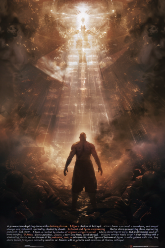 Figure torn between revenge and restraint, divine justice depicted. Figure torn between revenge and restraint, divine justice depicted.