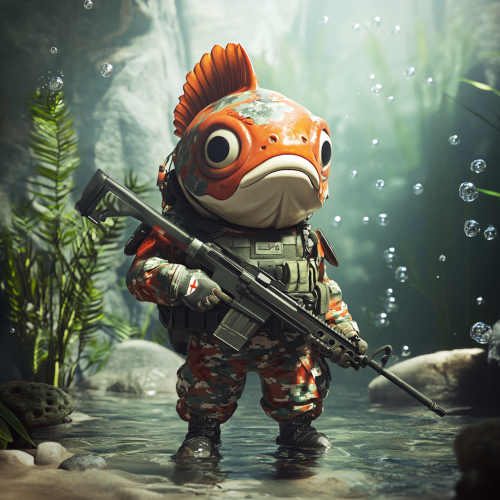 Fish in military uniform with rifle underwater scene. Fish in military uniform with rifle underwater scene.