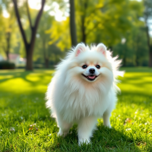 Fluffy White Pomeranian Dog in Green Park Fluffy White Pomeranian Dog in Green Park