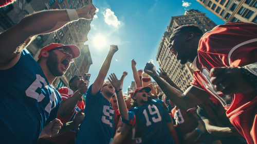 Football fans in blue and red Uniforms arguing