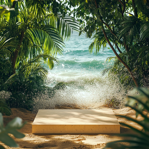 Foreground podium with sand table, sea, forest background. waves.