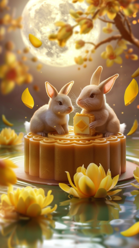 Four rabbits eating mooncake near osmanthus tree, calm water.