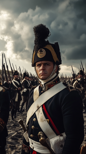 French soldiers donning uniforms with bayonets under stormy skies. French soldiers donning uniforms with bayonets under stormy skies.
