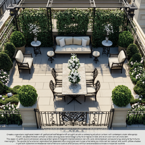 French-style roof garden with elegant outdoor furniture and lighting.