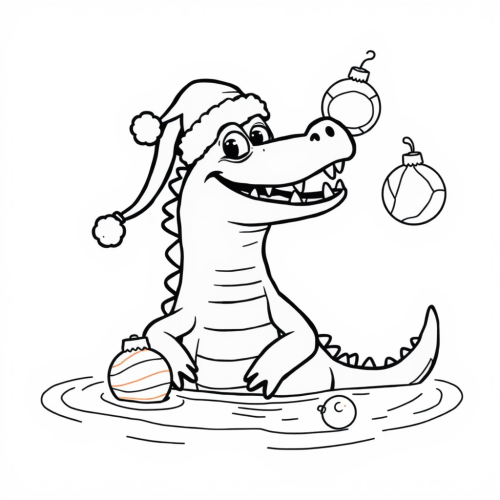 Friendly crocodile in Santa hat surrounded by ornaments. Friendly crocodile in Santa hat surrounded by ornaments.