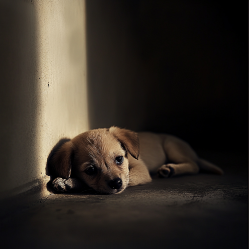 Frightened puppy with sad eyes in dimly lit room.