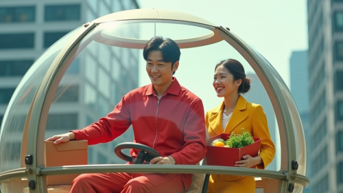 Futuristic Japanese Couple in Spaceship with Fruit Futuristic Japanese Couple in Spaceship with Fruit