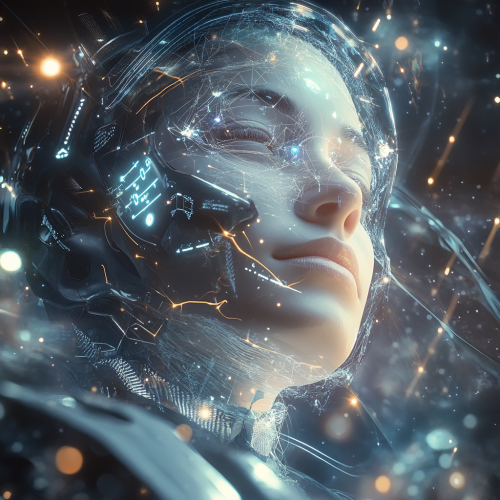 Futuristic human guides advanced spacecraft through space-time dimensions. Futuristic human guides advanced spacecraft through space-time dimensions.