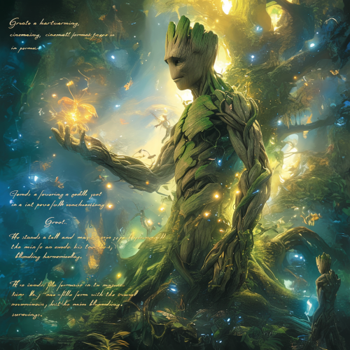 Gentle superhero Groot in enchanted forest, nurturing nature. Gentle superhero Groot in enchanted forest, nurturing nature.