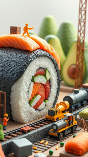Giant Sushi Roll Construction in Surreal 3D Site Giant Sushi Roll Construction in Surreal 3D Site