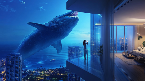 Girl in balcony sees sea monster, gets shocked.